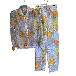 Royal Stuart Vintage Womens Pant Shirt Set Size Small Multicolor Floral Rare